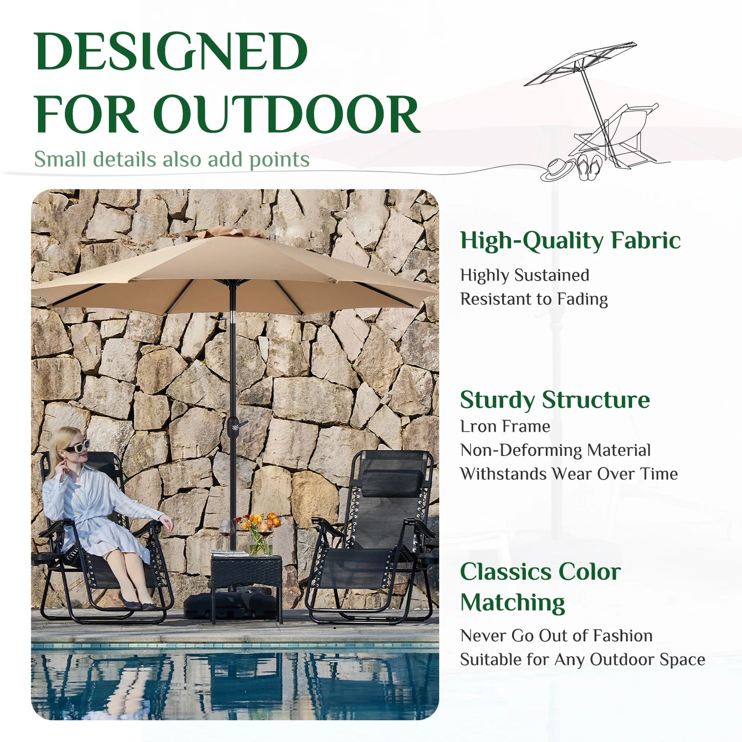 JHK Outdoor Patio Umbrella UV Protection For Garden Sturdy Structure All Weather Outdoor Umbrellas