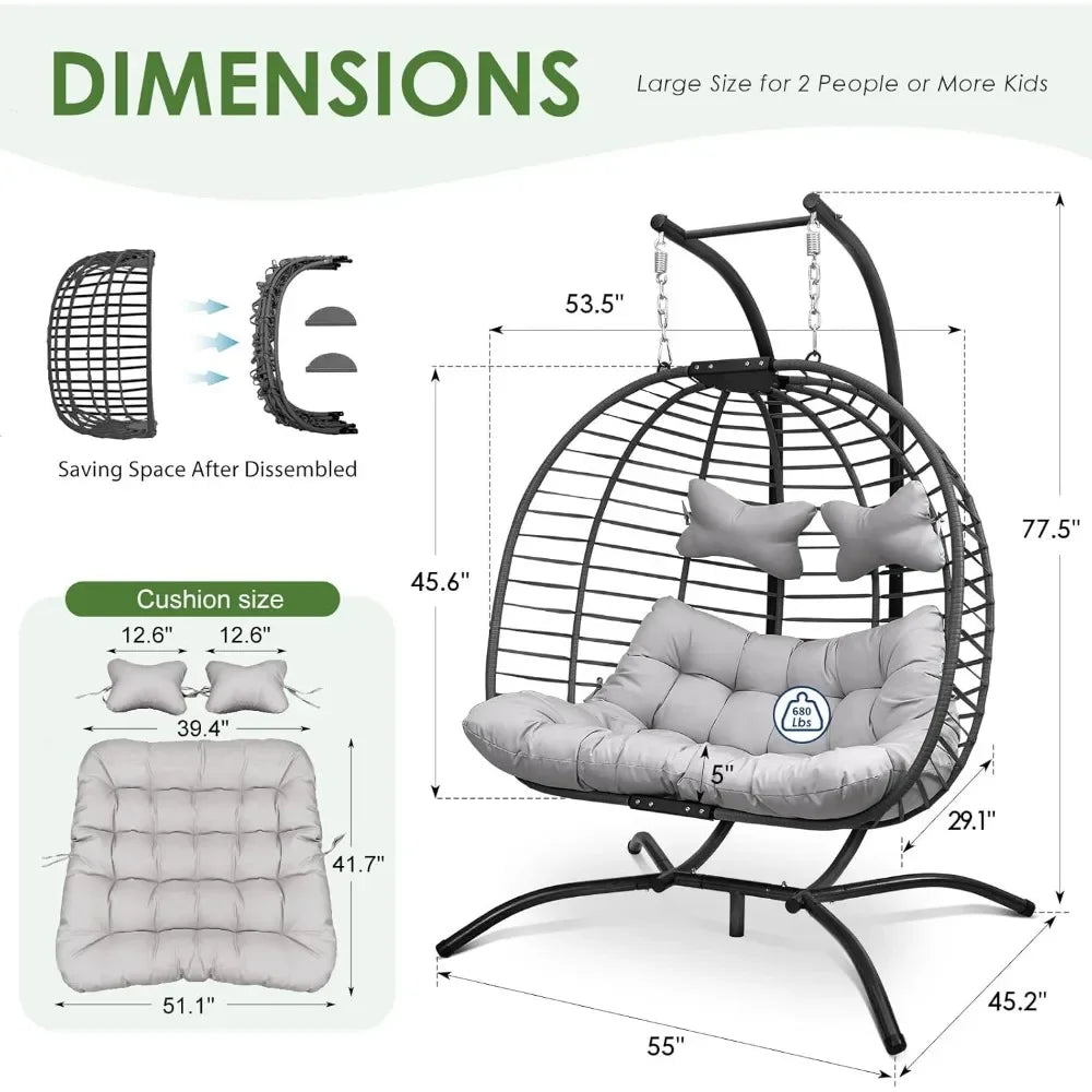 2 Person Double Egg Chair Outdoor Patio Wicker Loveseat Hanging Chair, Beige Cushions Double Seats